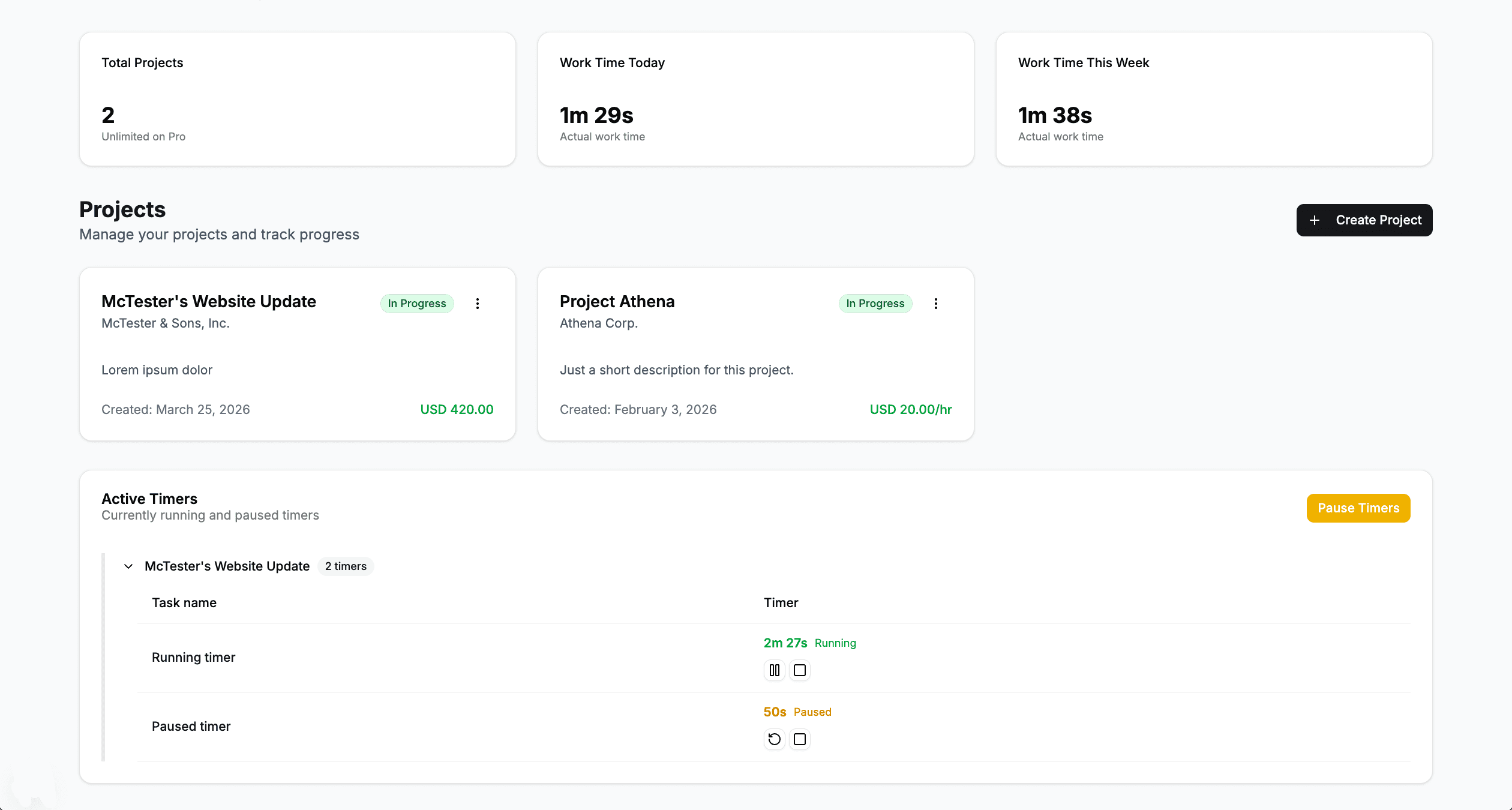 Orasan dashboard with projects, tasks, and time tracking