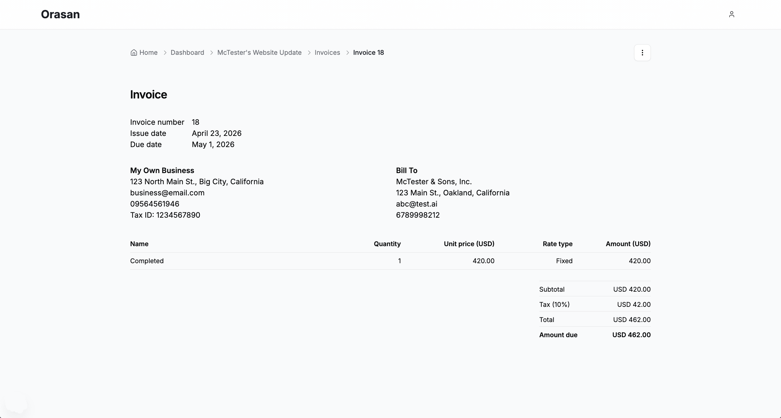 Orasan Pro invoice preview with line items and totals